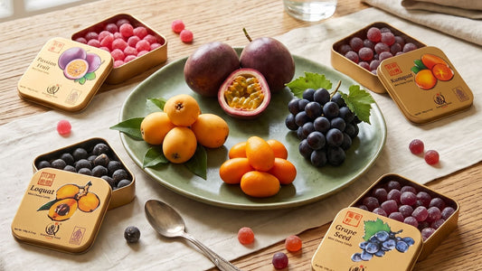 A styled tabletop arrangement of small fruit tins around a green plate holding loquat, a halved passion fruit, kumquat fruits, and grapes on a woven mat.