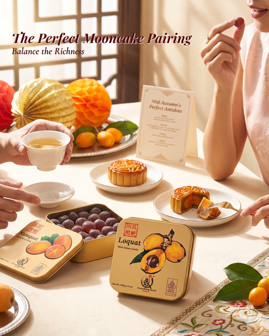 table of mooncake festivities with Everything Good Singapore Mint Chewy Candy tins for refreshing