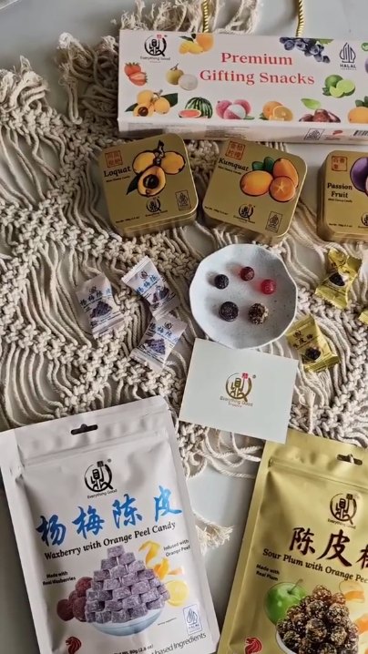 Everything Good Premium Gifting Snacks box with Loquat, Kumquat and Passion Fruit Mint Chewy Candy tins and Waxberry and Sour Plum candy pouches